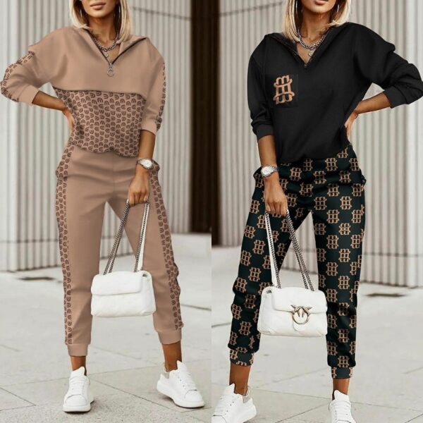 2022 New Fashion Women Plaid Print Zipper Front Hooded Top Pants Set Two Pieces Suit Flare