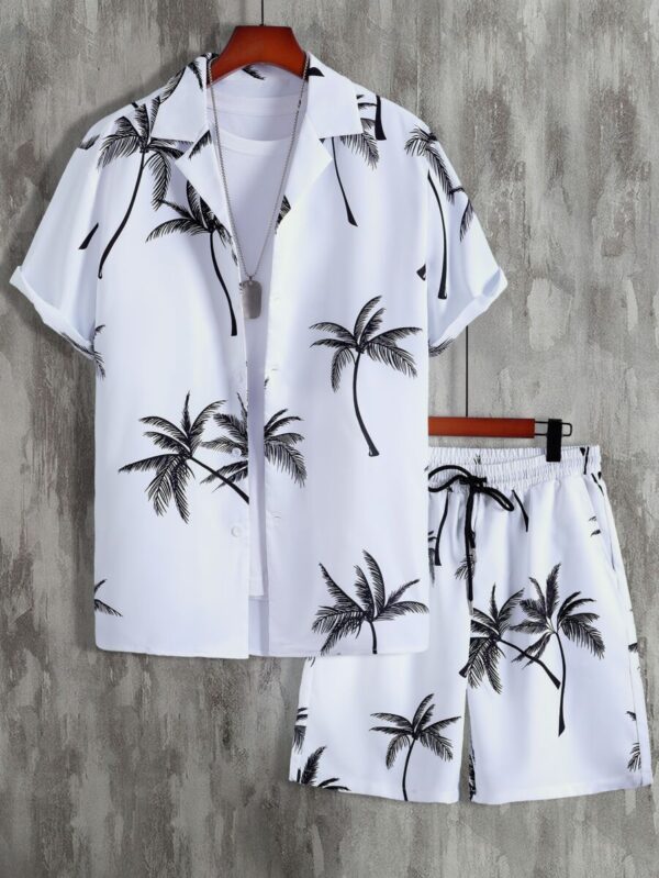 Men Random Palm Tree Print Shirt Drawstring Waist Shorts Without Tee