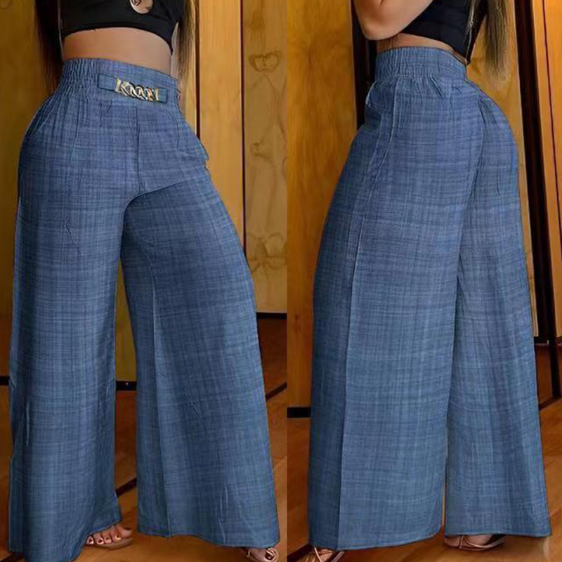 Summer Waist Wide Leg Straight Pants Women Chain High Casual Pocket Design Elegant Vacation Long Pants