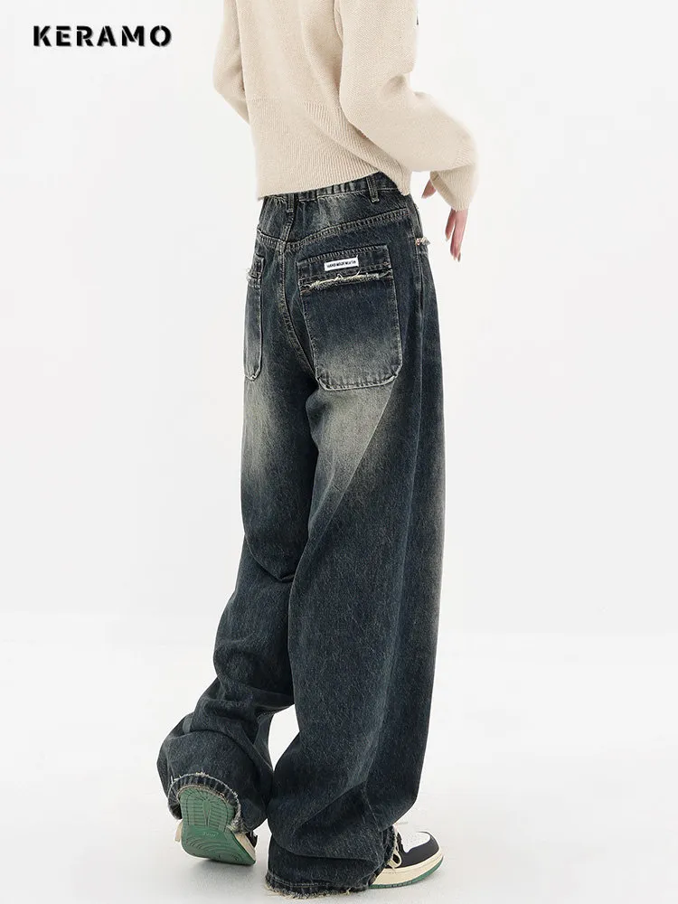Harajuku Streetwear Retro Fashion Autumn Women High Waist Jeans Loose Wide Leg Straight Loose Denim Trousers