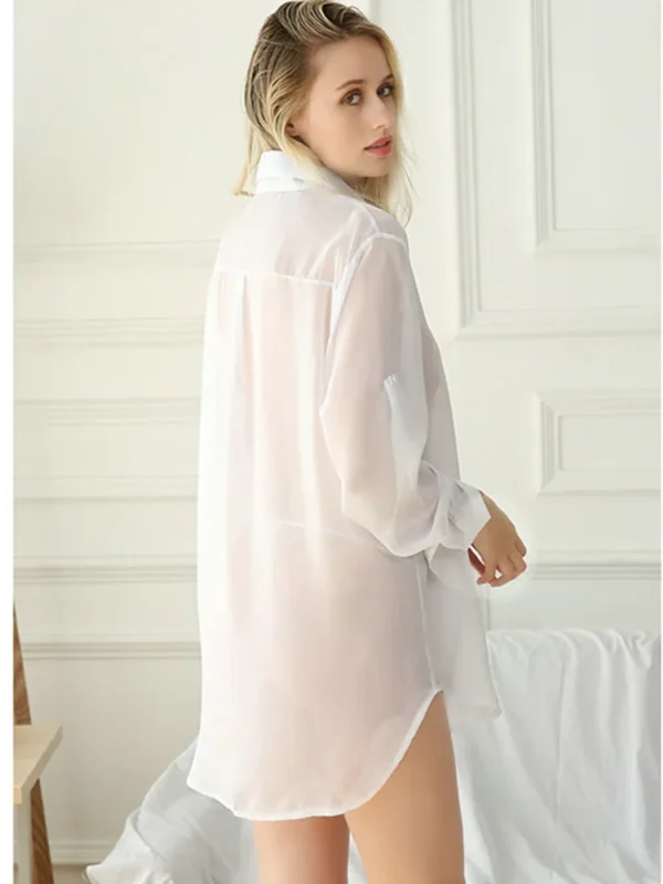 Classical Sexy Lingerie Blouse Women Home Boyfriend Style White Button Shirt Transparent Nighty Spring Summer Chiffon 1