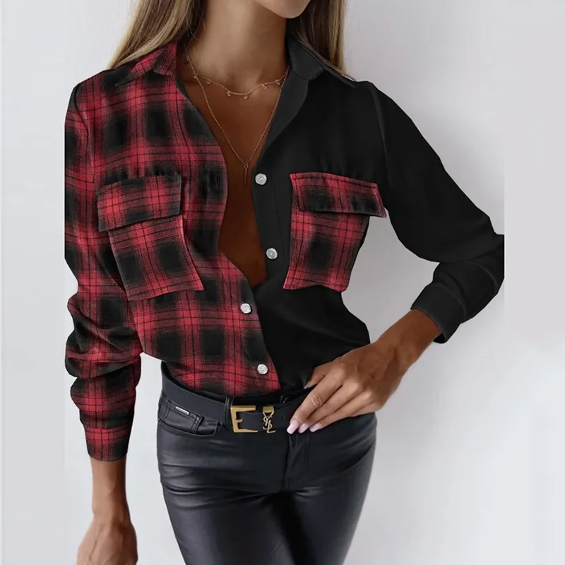 Fashion Autumn New Women Slim Blouses Simple Long Sleeve Checked Pattern Single Breasted Casual Elegant Office