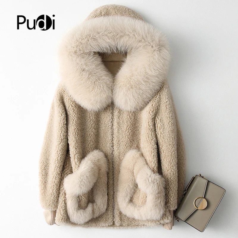 PUDI A18103 Women s Winter Wool Warm Real Fox Fur Hood Coat Lady Real Wool Long