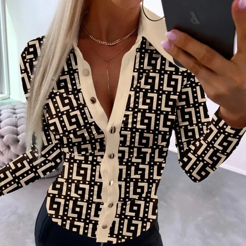 Shirt For Women 2023 Ruched Printing Lapel Single Breasted Bodycon Slim Long Sleeve Top Elegant Office 1