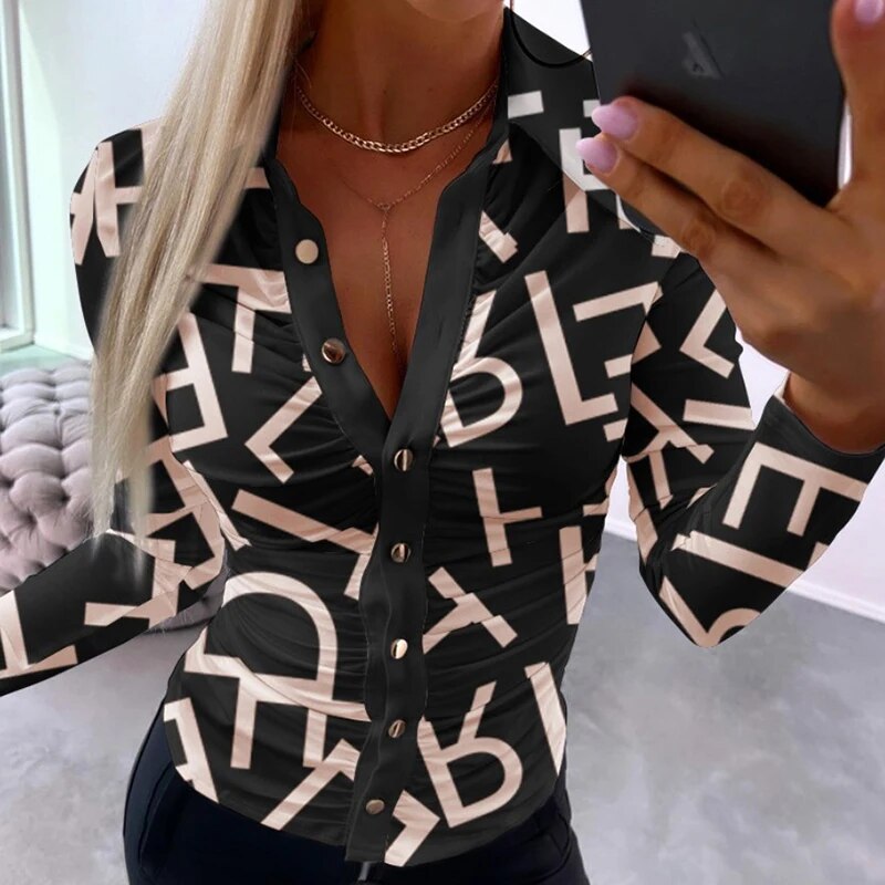 Shirt For Women 2023 Ruched Printing Lapel Single Breasted Bodycon Slim Long Sleeve Top Elegant Office